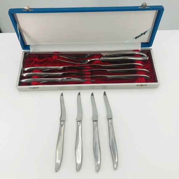 VTG Nasco Stainless Montego Carving Knife Fork 10 Steak Knives Case MCM Japan - Picture 1 of 12
